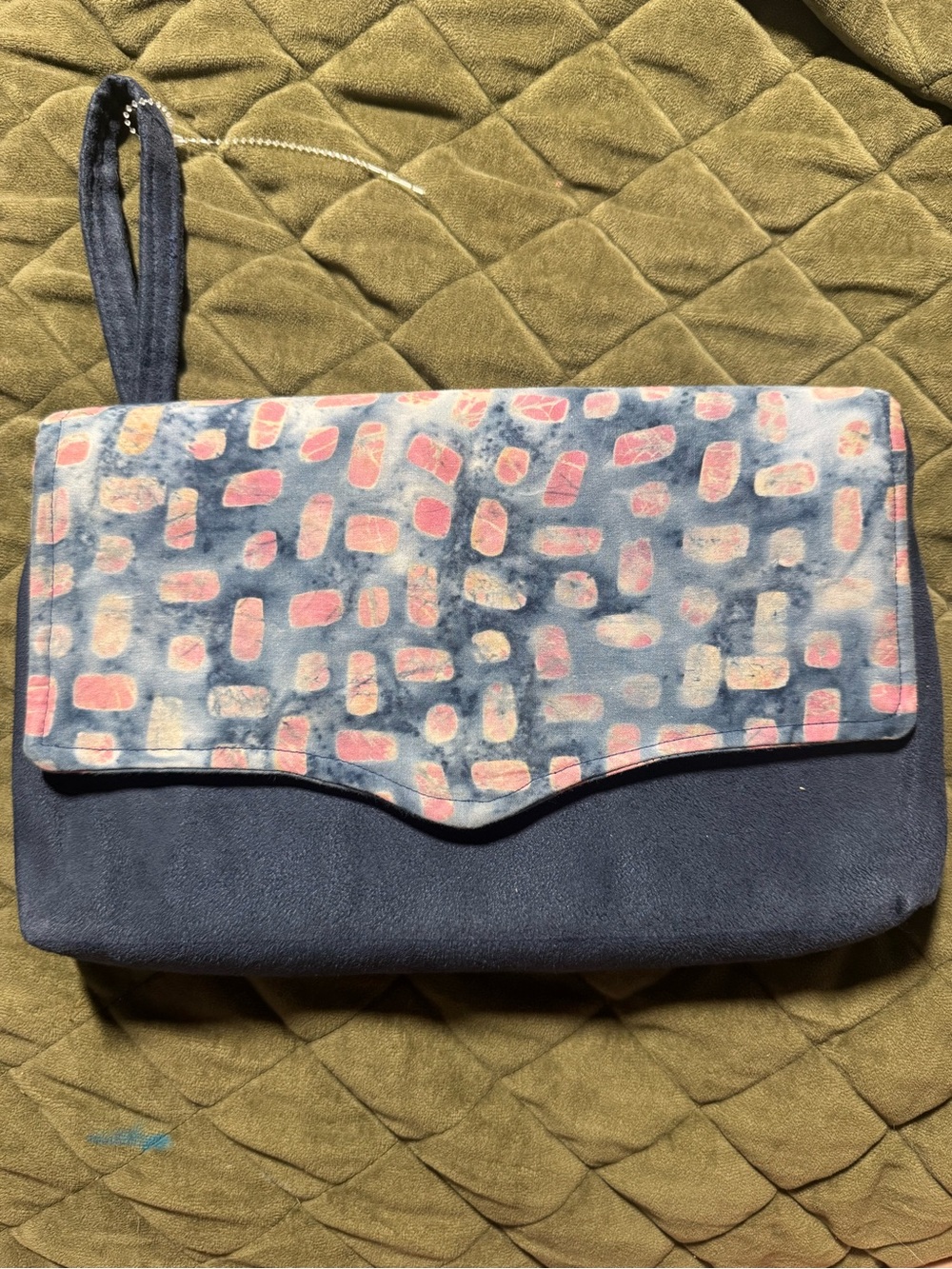 Blue Suede Wristlet Clutch - Blue and Pink